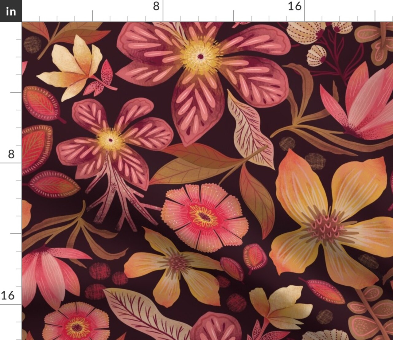 Dark Botanical Fall Orange Pink Flowers Floral Garden Blooms Moody Romantic Bold Custom Printed Fabric by Spoonflower Various Fabrics by the Yard or Fat Quarter